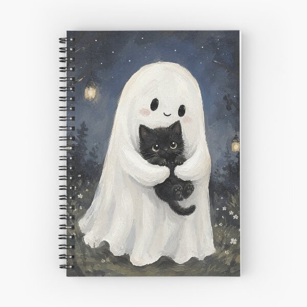 Item preview, Ghost Holding Black Kitten Print, Cat Whimsical Halloween Fall Cottagecore Art designed and sold by Tolchik.