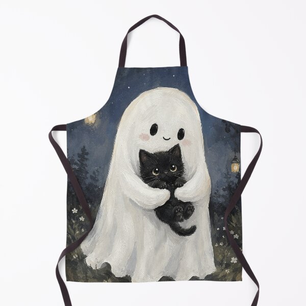 Item preview, Ghost Holding Black Kitten Print, Cat Whimsical Halloween Fall Cottagecore Art designed and sold by Tolchik.