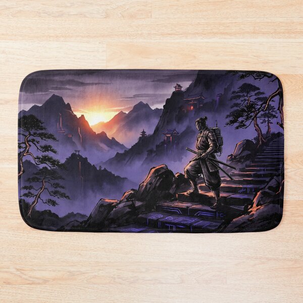 Item preview, Cyber samurai on glowing steps mountain temple sunset designed and sold by Osmose-Studio.