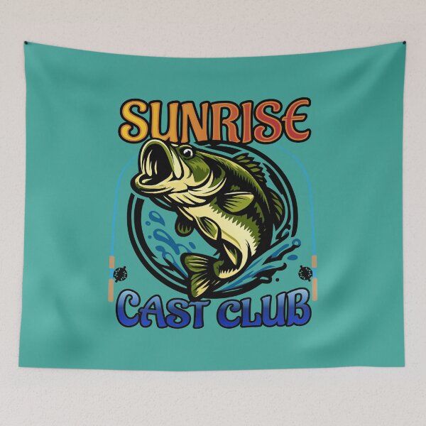 Item preview, Bass fishing Illustration in logo style with custom text "Sunrise Cast Club". designed and sold by Art-Horizon.