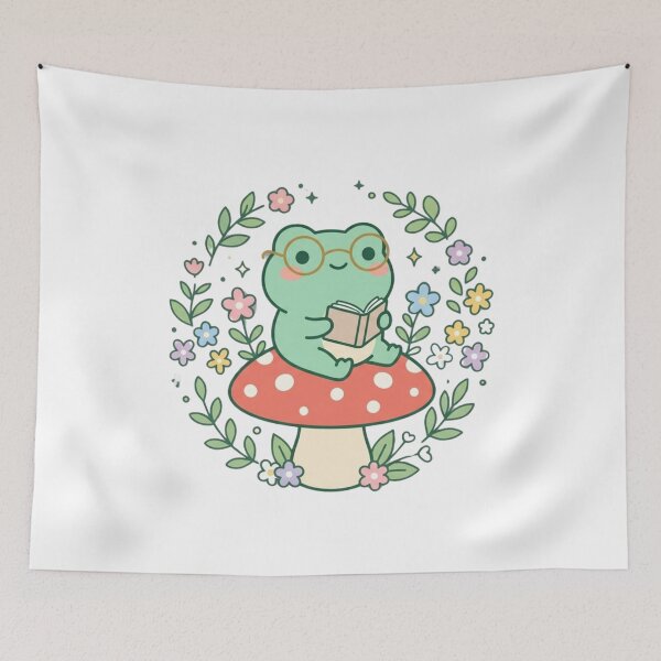 Item preview, Cute Kawaii Frog Reading Book on Mushroom - Cottagecore Aesthetic Art designed and sold by ZyloPrints.