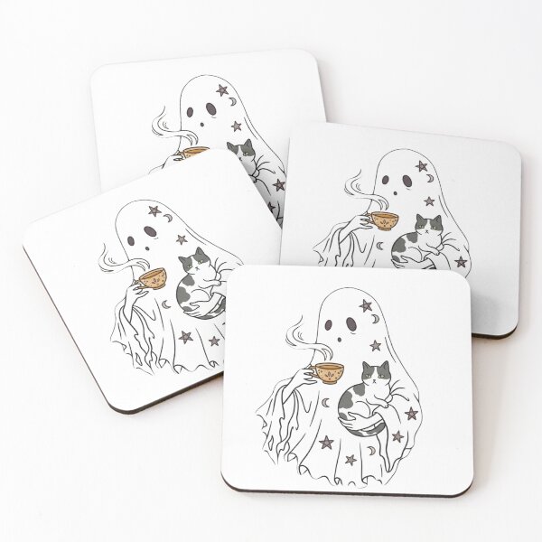 Item preview, Cozy Ghost with Cat & Tea | Cute Spooky Aesthetic designed and sold by SoftPawsAtelier.