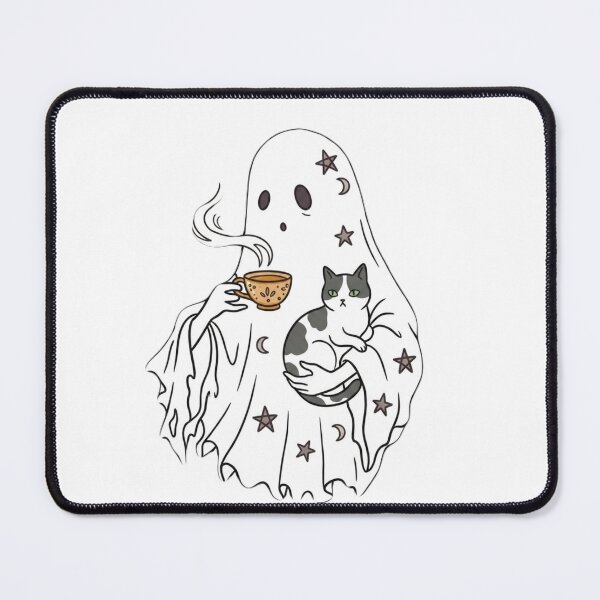 Item preview, Cozy Ghost with Cat & Tea | Cute Spooky Aesthetic designed and sold by SoftPawsAtelier.