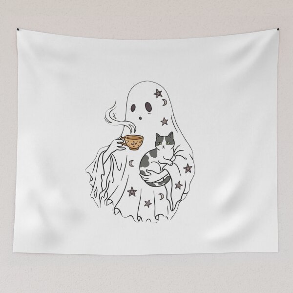 Item preview, Cozy Ghost with Cat & Tea | Cute Spooky Aesthetic designed and sold by SoftPawsAtelier.