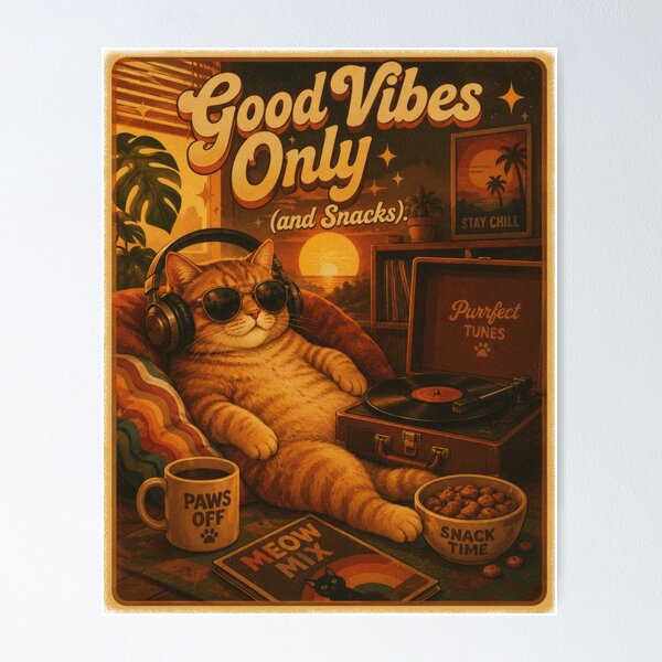 Item preview, Good Vibes Only Cat Retro Cozy Poster designed and sold by olenapetol.