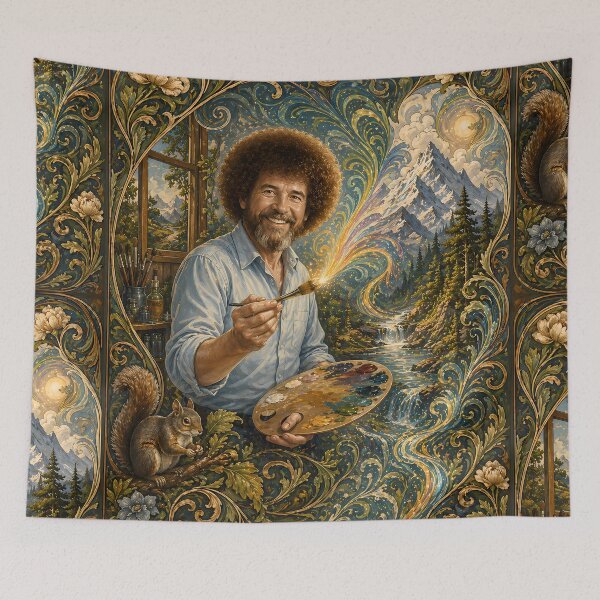 Artikelvorschau, Bob Ross inspirierte Landschaftsmalerei mit fröhlichen kleinen Bäumen – Friedliche Naturkunst entworfen und verkauft von karamram.