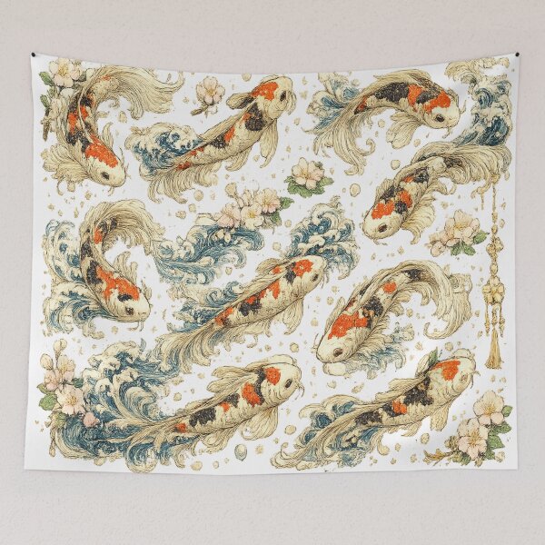 Item preview, Japanese Koi Fish Seamless Pattern | Traditional Sakura & Ocean Waves Botanical Illustration designed and sold by AvalonTshirts.