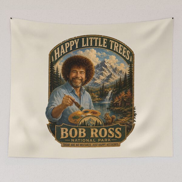 Item preview, Bob Ross National Park – Happy Little Trees Vintage Poster designed and sold by karamram.