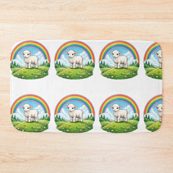 Artikelvorschau, Ein Lamm steht auf einem Hügel unter einem Regenbogen entworfen und verkauft von DVerse Studio.