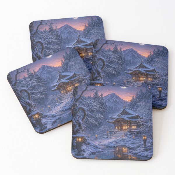 Item preview, Japanese temple under the snow at dusk designed and sold by Pixel Otaku Gallery.