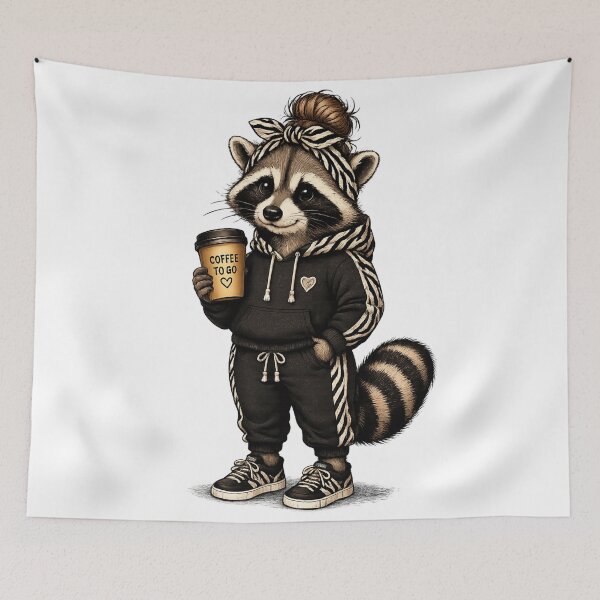 Artikelvorschau, Cozy Raccoon with Coffee – Cute Coffee Lover Design entworfen und verkauft von LittleGinnyArt.
