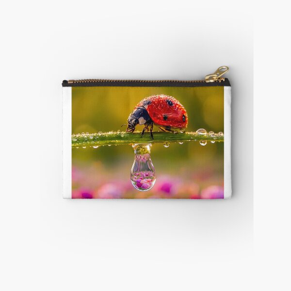 Item preview, Ladybug on a blade of grass with water droplets and flower reflection designed and sold by Fotografin1981.