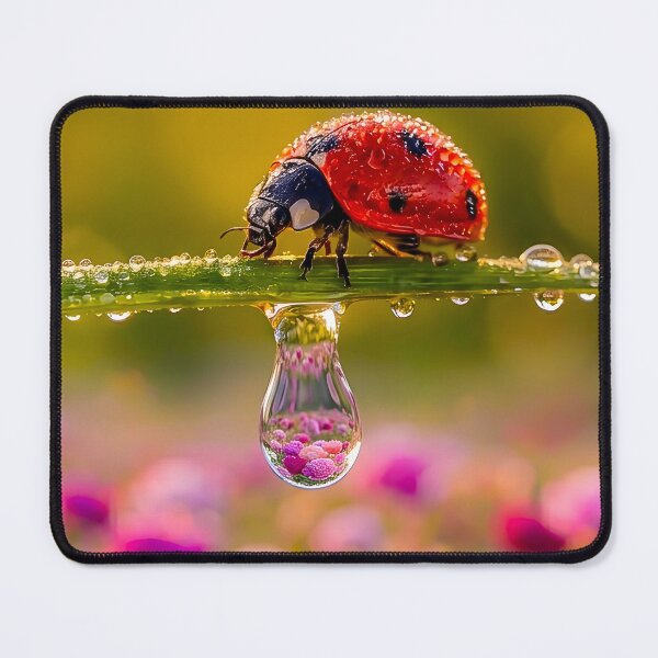Item preview, Ladybug on a blade of grass with water droplets and flower reflection designed and sold by Fotografin1981.