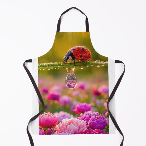 Item preview, Ladybug on a blade of grass with water droplets and flower reflection designed and sold by Fotografin1981.