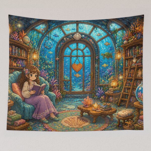 Item preview, Underwater Library Pixel Art Cozy Reading Room designed and sold by Yiruda-Art.