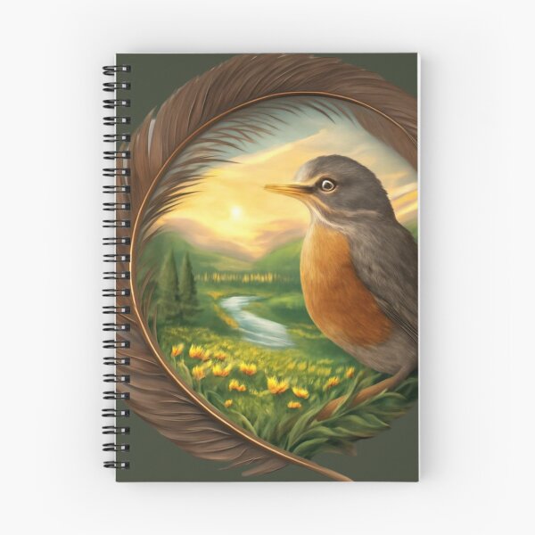 Artikelvorschau, Amerikanisches Rotkehlchen im Federrahmen mit idyllischer Frühlingslandschaft – Digitale Naturkunst entworfen und verkauft von cute-corner0.