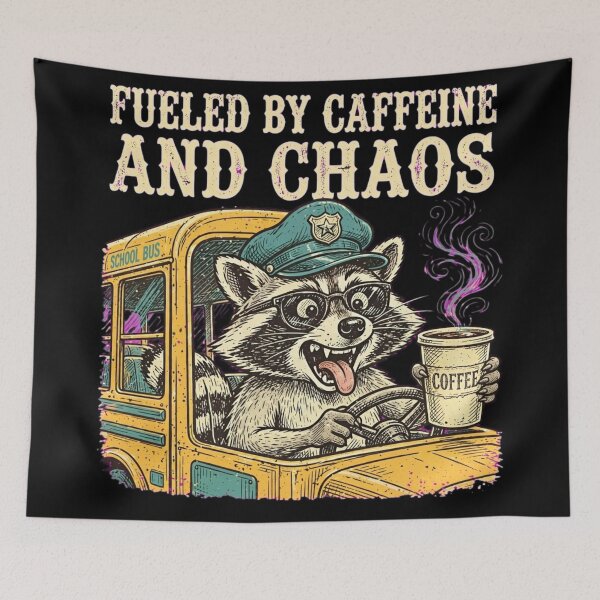 Item preview, Fueled By Caffeine And Chaos Funny Raccoon School Bus Driver Coffee Retro designed and sold by Yellowriversss.
