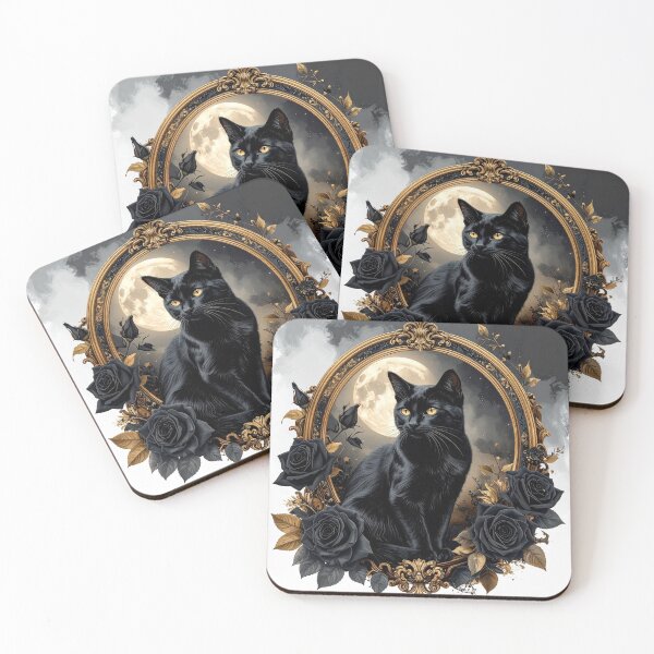Item preview, Elegant Black Cat with Gothic Roses and Full Moon Halloween Art designed and sold by OksArtStudio.