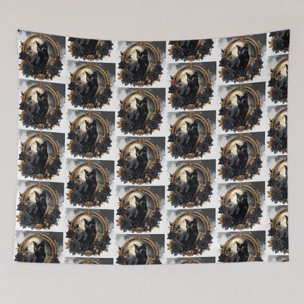 Item preview, Elegant Black Cat with Gothic Roses and Full Moon Halloween Art designed and sold by OksArtStudio.