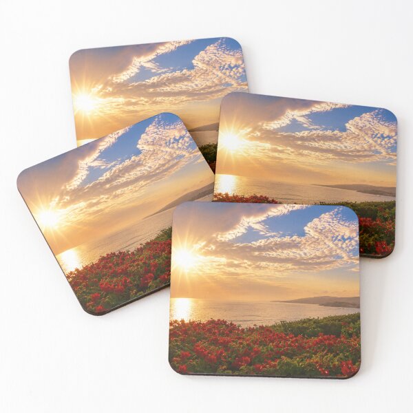 Item preview, Golden Coastal Sunset Above Vibrant Red Flowers designed and sold by Wild Bloom Paws.