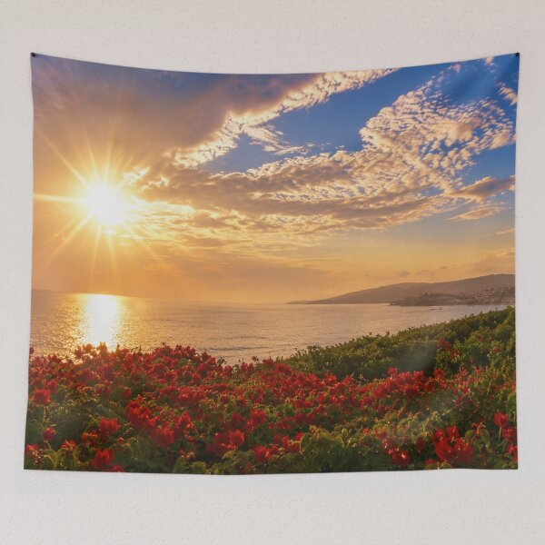 Item preview, Golden Coastal Sunset Above Vibrant Red Flowers designed and sold by Wild Bloom Paws.