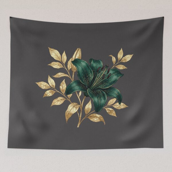 Item preview, Emerald Green Lily Gold Foil Leaves Luxury Botanical Art designed and sold by BreezifyDesignStudio.