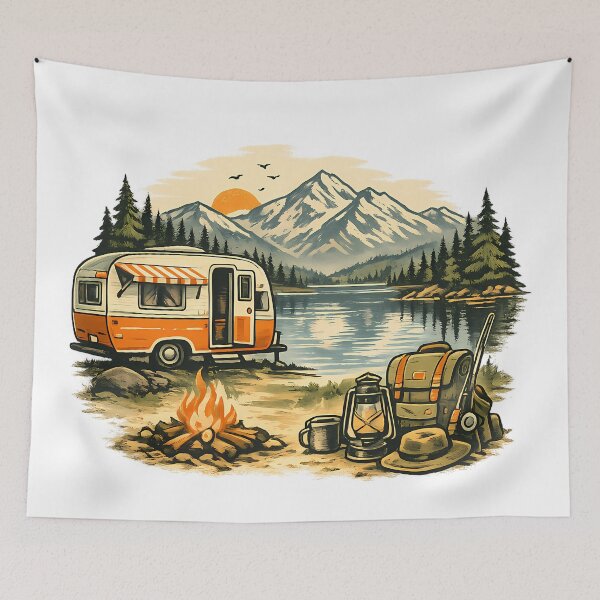 Item preview, Retro camper van by a mountain lake designed and sold by Daily Quirk.