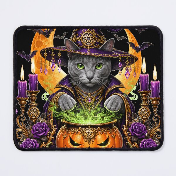 Item preview, Russian Blue Cat Witch Halloween Cauldron designed and sold by MoonStitch.