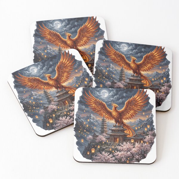 Item preview, Moonlit Phoenix Above the Ancient Temple | Fantasy Wildlife Painting designed and sold by Origamoart.