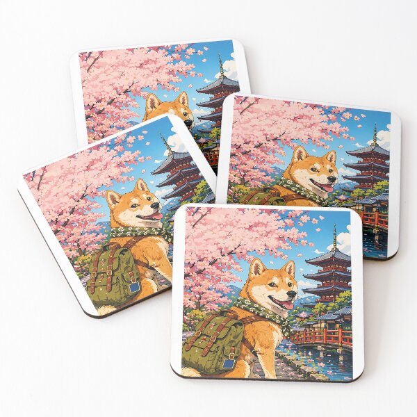 Item preview, Shiba Inu walking under the cherry blossoms in Kyoto with a backpack. designed and sold by Nomad-Paws.