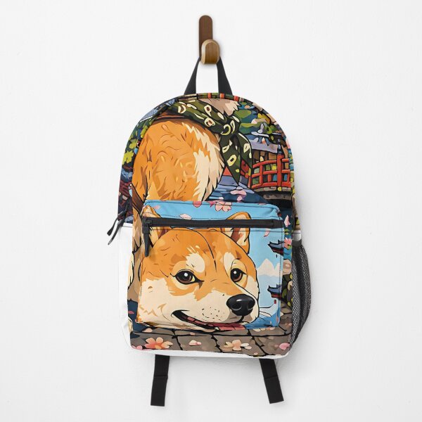 Item preview, Shiba Inu walking under the cherry blossoms in Kyoto with a backpack. designed and sold by Nomad-Paws.