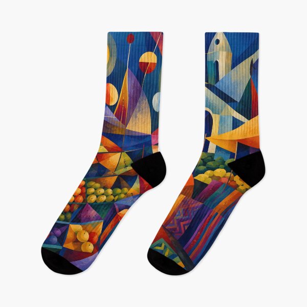 Item preview, Colorful Latin American Fruit Market – Geometric Village Scene designed and sold by GutyzDesignsES.