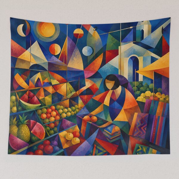 Item preview, Colorful Latin American Fruit Market – Geometric Village Scene designed and sold by GutyzDesignsES.