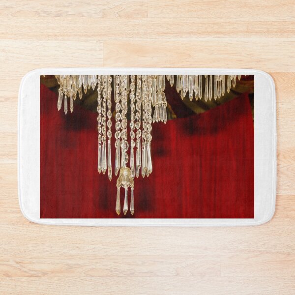 Item preview, Crystal Chandelier Detail With Hanging Prisms Against Rich Red Theater Curtain designed and sold by Nmallia.