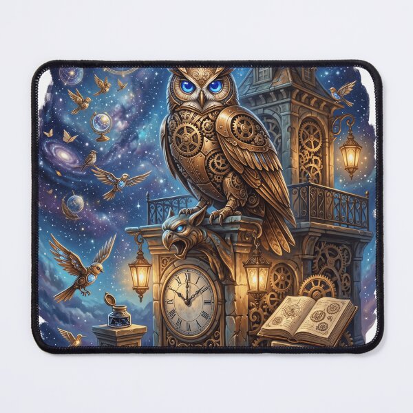 Item preview, Steampunk Owl Clock Tower | Celestial Guardian Fantasy Painting designed and sold by Origamoart.