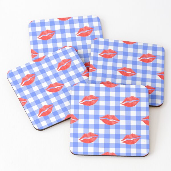 Item preview, Red Lipstick Kisses on Blue Gingham designed and sold by QuestingPixel.