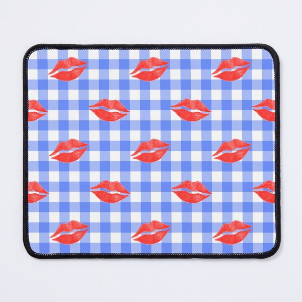 Item preview, Red Lipstick Kisses on Blue Gingham designed and sold by QuestingPixel.
