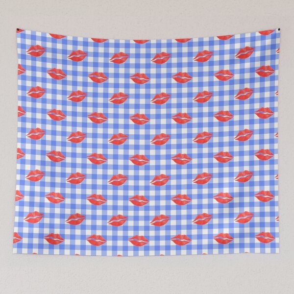 Item preview, Red Lipstick Kisses on Blue Gingham designed and sold by QuestingPixel.