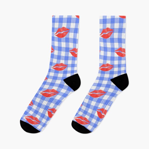 Item preview, Red Lipstick Kisses on Blue Gingham designed and sold by QuestingPixel.