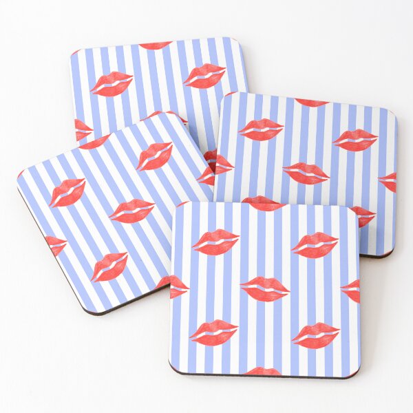 Item preview, Red Lipstick Kisses on Blue Stripes designed and sold by QuestingPixel.