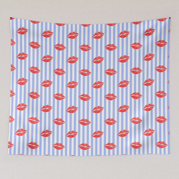 Item preview, Red Lipstick Kisses on Blue Stripes designed and sold by QuestingPixel.