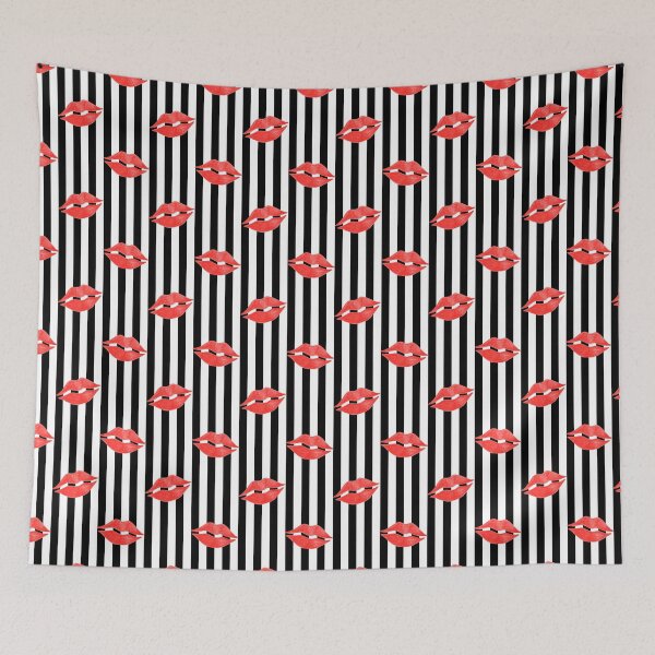 Item preview, Red Lipstick Kisses on Black and White Stripes designed and sold by QuestingPixel.