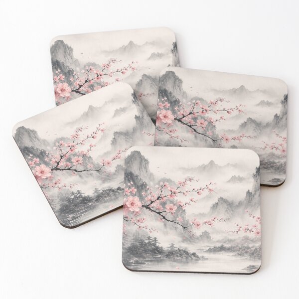 Item preview, Cherry Blossom Mountains Aesthetic Ink Wash Desk Mat Design designed and sold by Art JSMY.