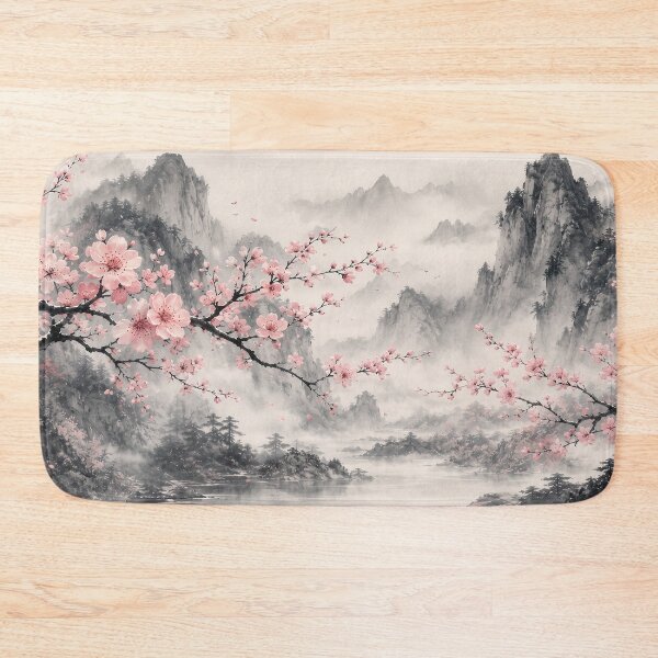 Item preview, Cherry Blossom Mountains Aesthetic Ink Wash Desk Mat Design designed and sold by Art JSMY.