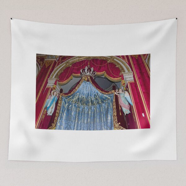 Item preview, Ornate Church Altar With Blue Brocade Curtain, Crown Canopy and Angel Statues in Red Velvet designed and sold by Nmallia.