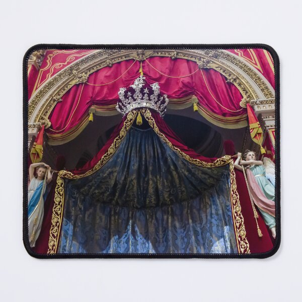 Item preview, Ornate Church Altar With Blue Brocade Curtain, Crown Canopy and Angel Statues in Red Velvet designed and sold by Nmallia.