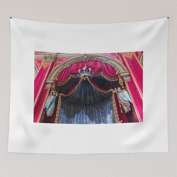 Item preview, Ornate Church Altar With Blue Brocade Curtain, Crown Canopy and Angel Statues in Red Velvet designed and sold by Nmallia.