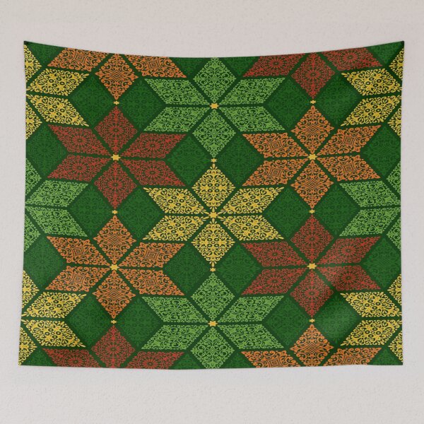 Item preview, Intricate Geometric Pattern with Traditional Motifs and a Rich, Textured Green Background Featuring Accents of Gold, Red, and Yellow designed and sold by Matt_Smith.
