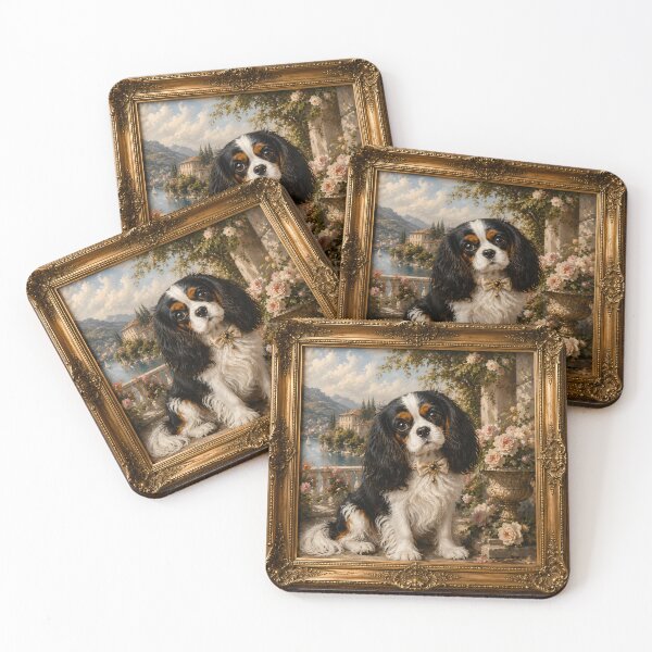 Item preview, Tricolor Cavalier King Charles Spaniel Framed Oil Painting, Elegant Vintage Dog Portrait, Luxury Wall Art, Baroque Frame, Romantic European Garden designed and sold by ManJiangHong.