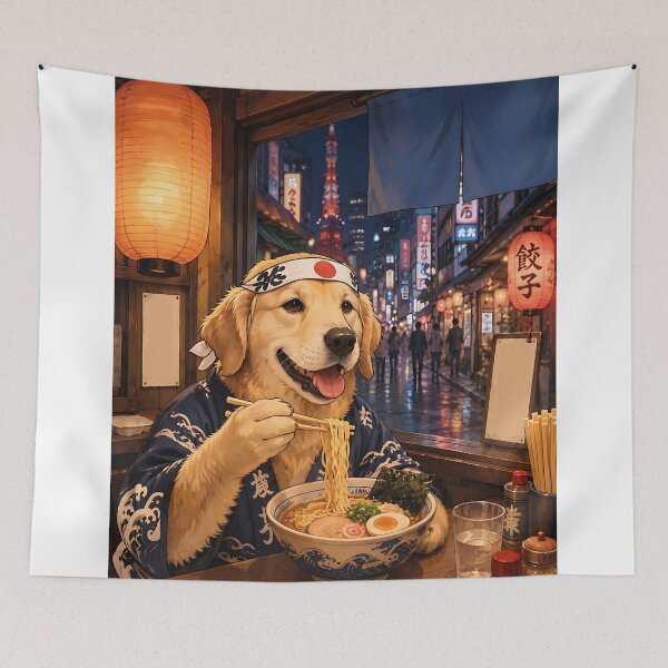 Item preview, Golden Retriever eating ramen in Tokyo. designed and sold by Nomad-Paws.